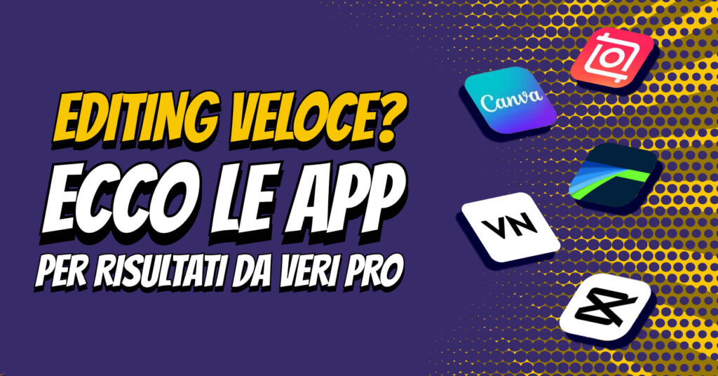Editing espresso, app montaggio video smartphone, logo app citate su sfondo viola stile pop art