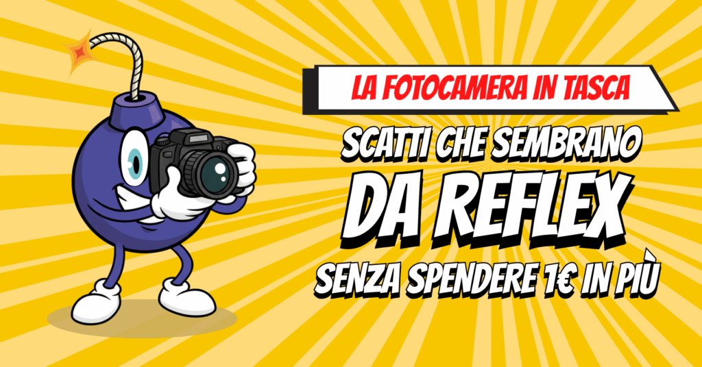 foto smartphone come reflex, mascotte Boomba con reflex in mano