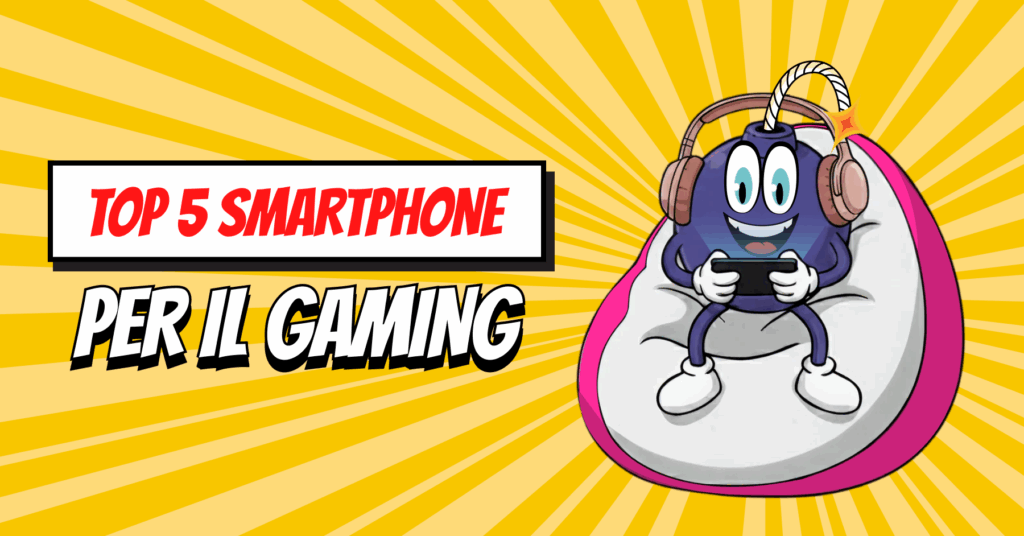 Smartphone per giocare, mascotte bomba che gioca su sfondo giallo stile pop art