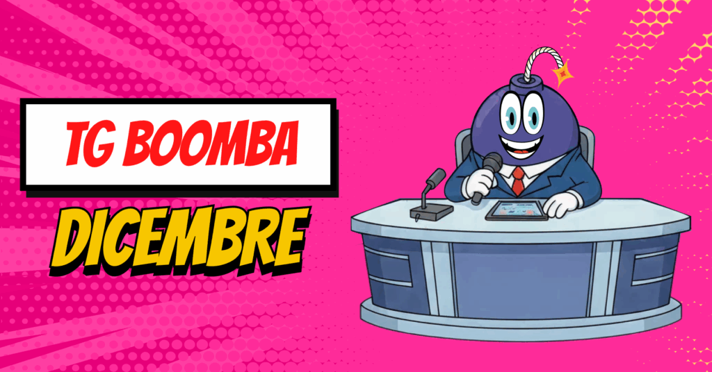 Tg Boomba dicembre, immagine della mascotte su scrivania con microfono che fa il TG