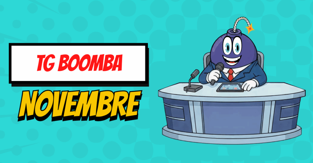 Tg boomba novembre, immagine mascotte che annuncia il TG con microfono in mano e tablet su scrivania
