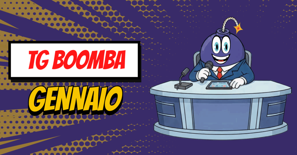 Tg boomba gennaio 2026, mascotte con scrivania davanti e microfono in mano che annuncia il TG