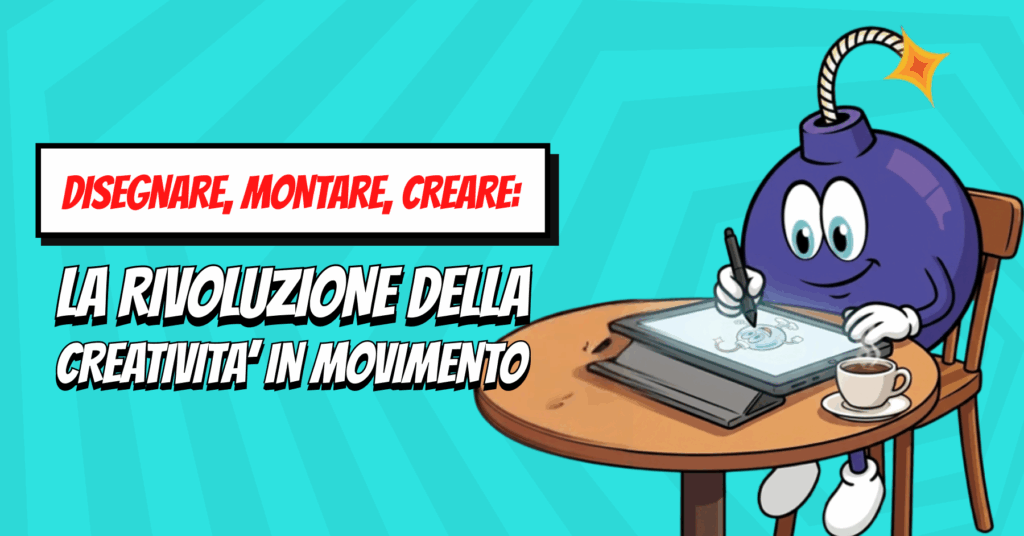 Creatività in movimento, disegnare montare creare, immagine mascotte alla scrivania con penna digitale su schermo touch