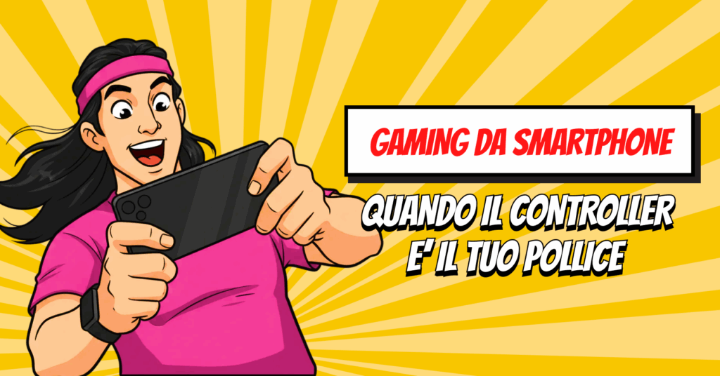 Gaming da smartphone, immagine stilizzata ragazzo con maglia fucsia che gioca sul telefono mobile