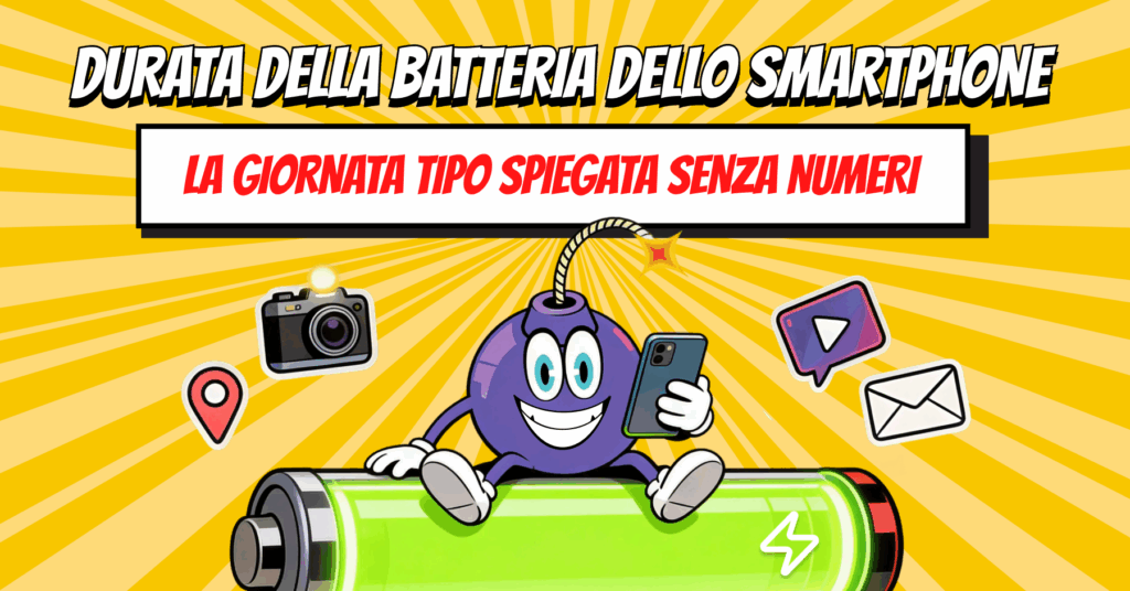 Durata della batteria, immagine mascotte seduta sopra batteria stilizzata con telefono in mano e icone relative a utilizzi più comuni intorno