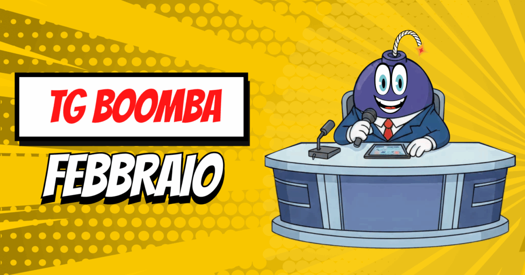 Tg boomba FEBBRAIO, immagine mascotte con sfondo giallo che conduce il TG
