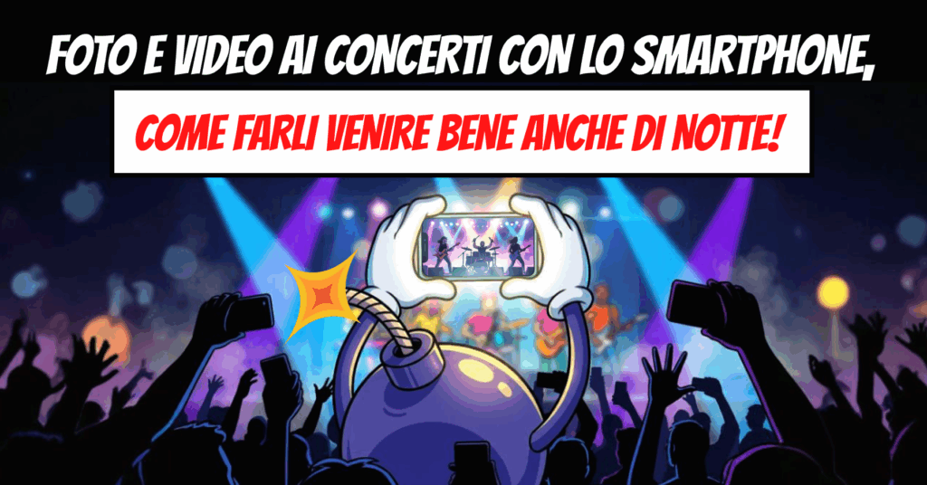foto e video ai concerti, immagine mascotte Boomba ad un concerto con palco illuminato di notte