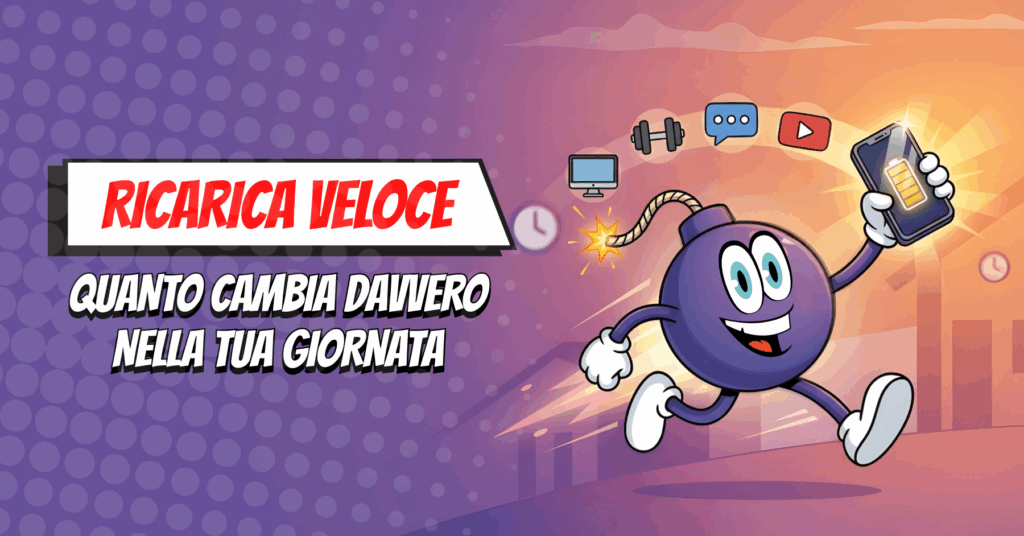 ricarica veloce smartphone, immagine mascotte lanciata in velocità con icone attività sopra